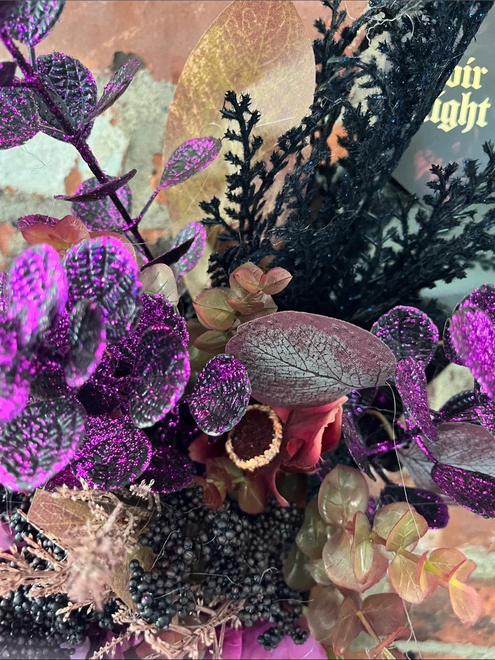 Noir night Crescent Moon Floral Wall Accent in Purple by